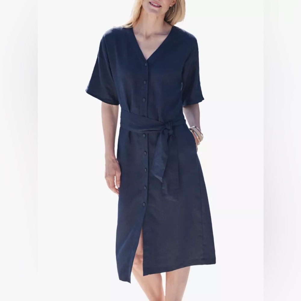 NWOT Pure Collection Button Through Navy Blue 100% Linen Belted Dress Size 14